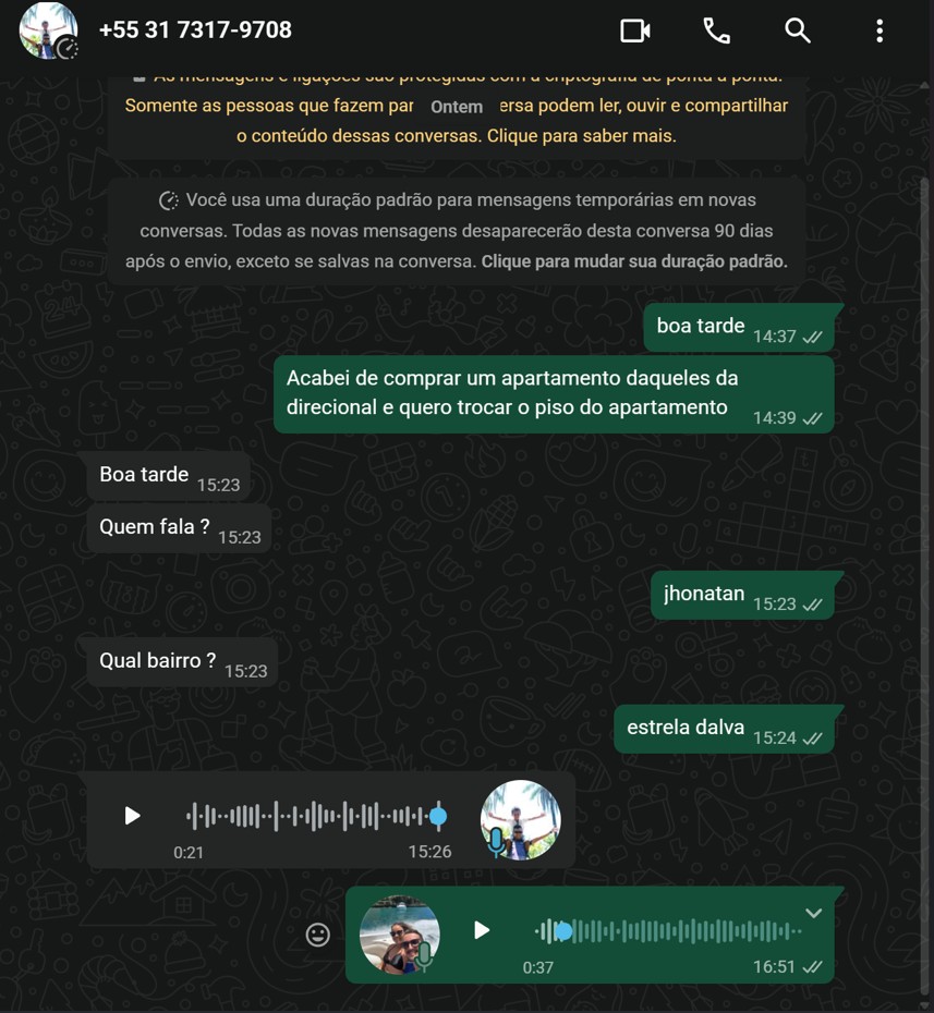 Print do cliente oculto no WhatsApp da KFG Torres